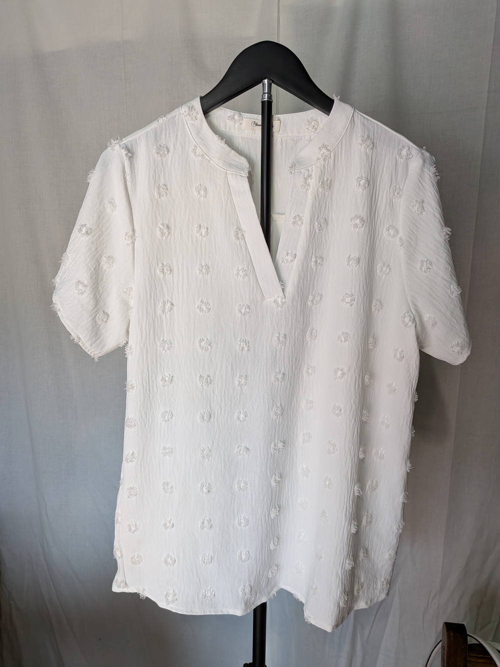 White Textured Split-Neck Short-Sleeve Blouse